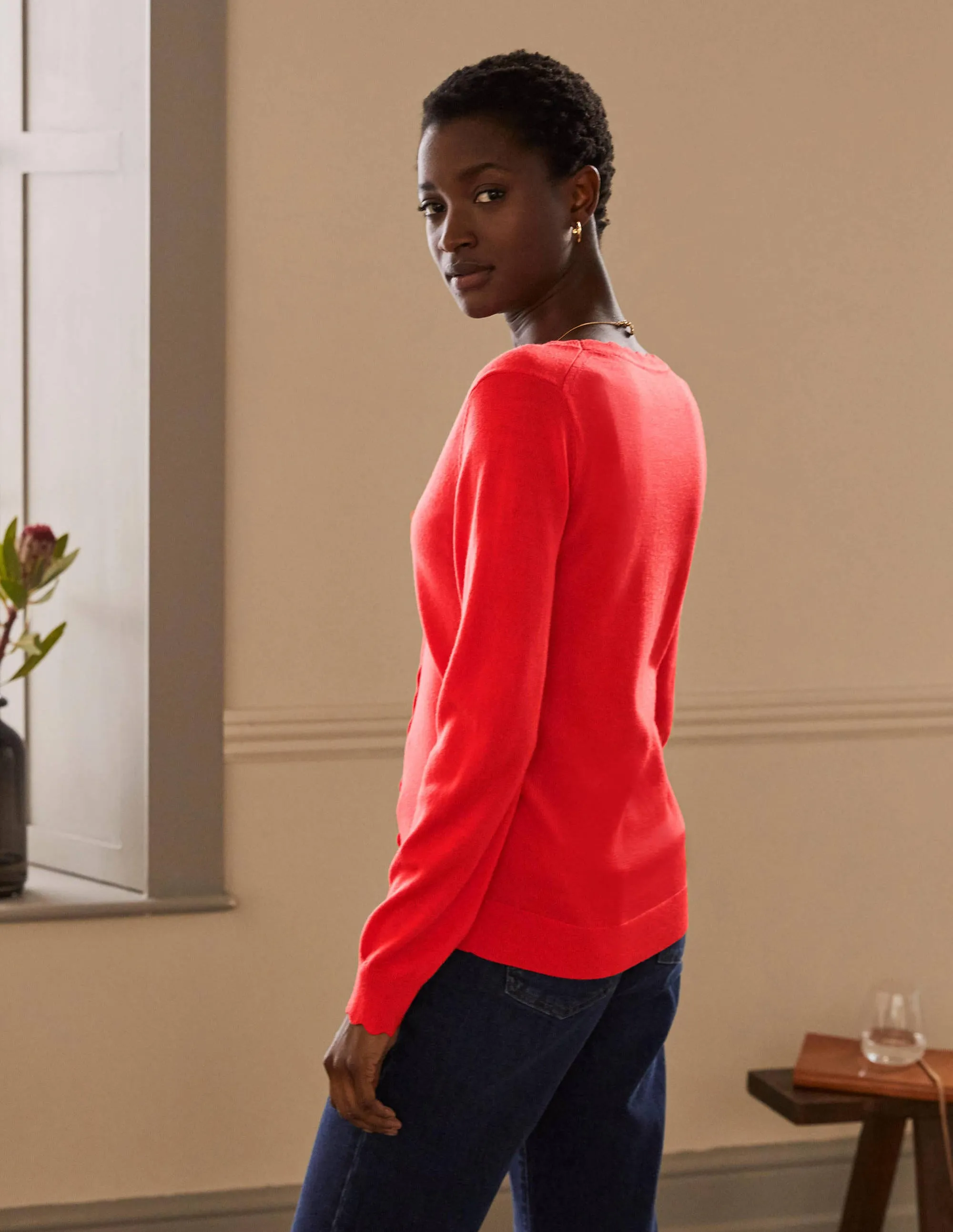 Merino Scallop Trim Cardigan-Cherry Red