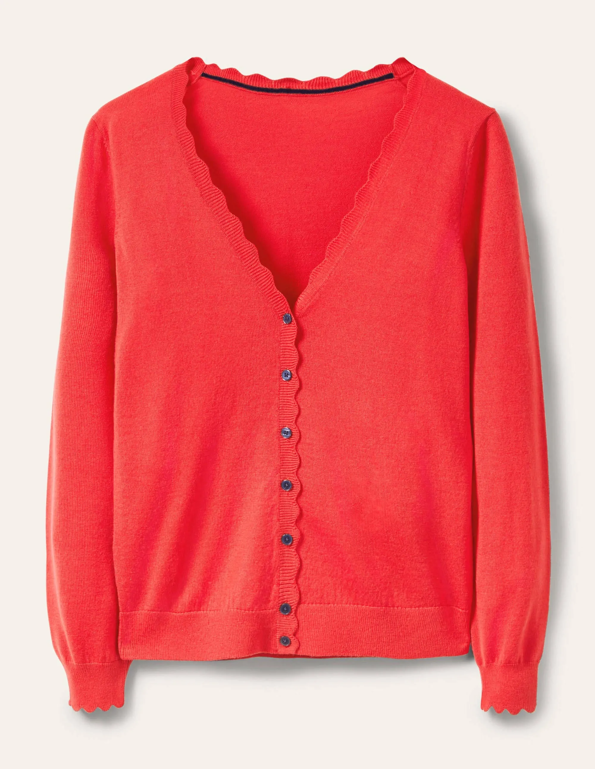 Merino Scallop Trim Cardigan-Cherry Red
