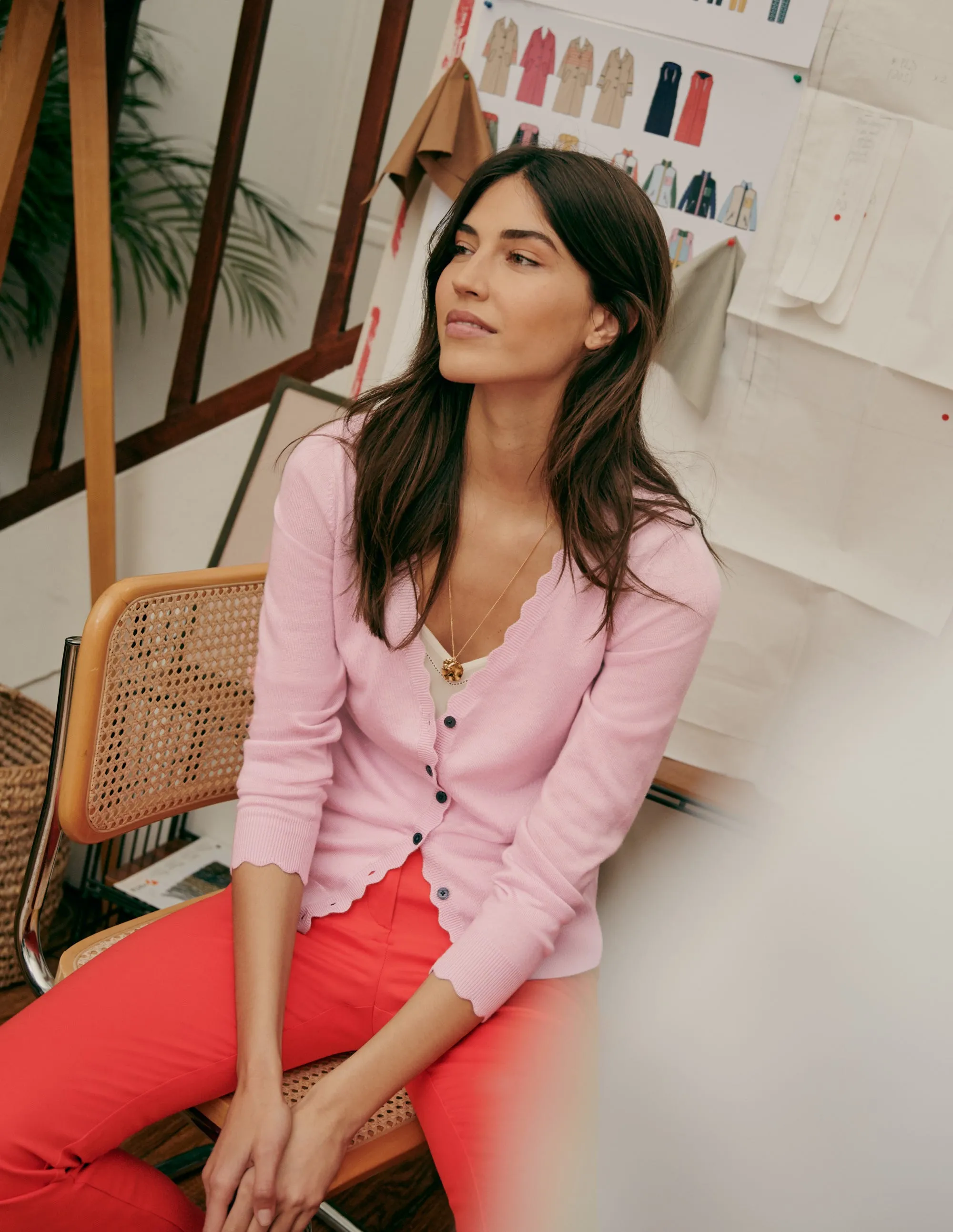 Merino Scallop Trim Cardigan-Coconut Ice