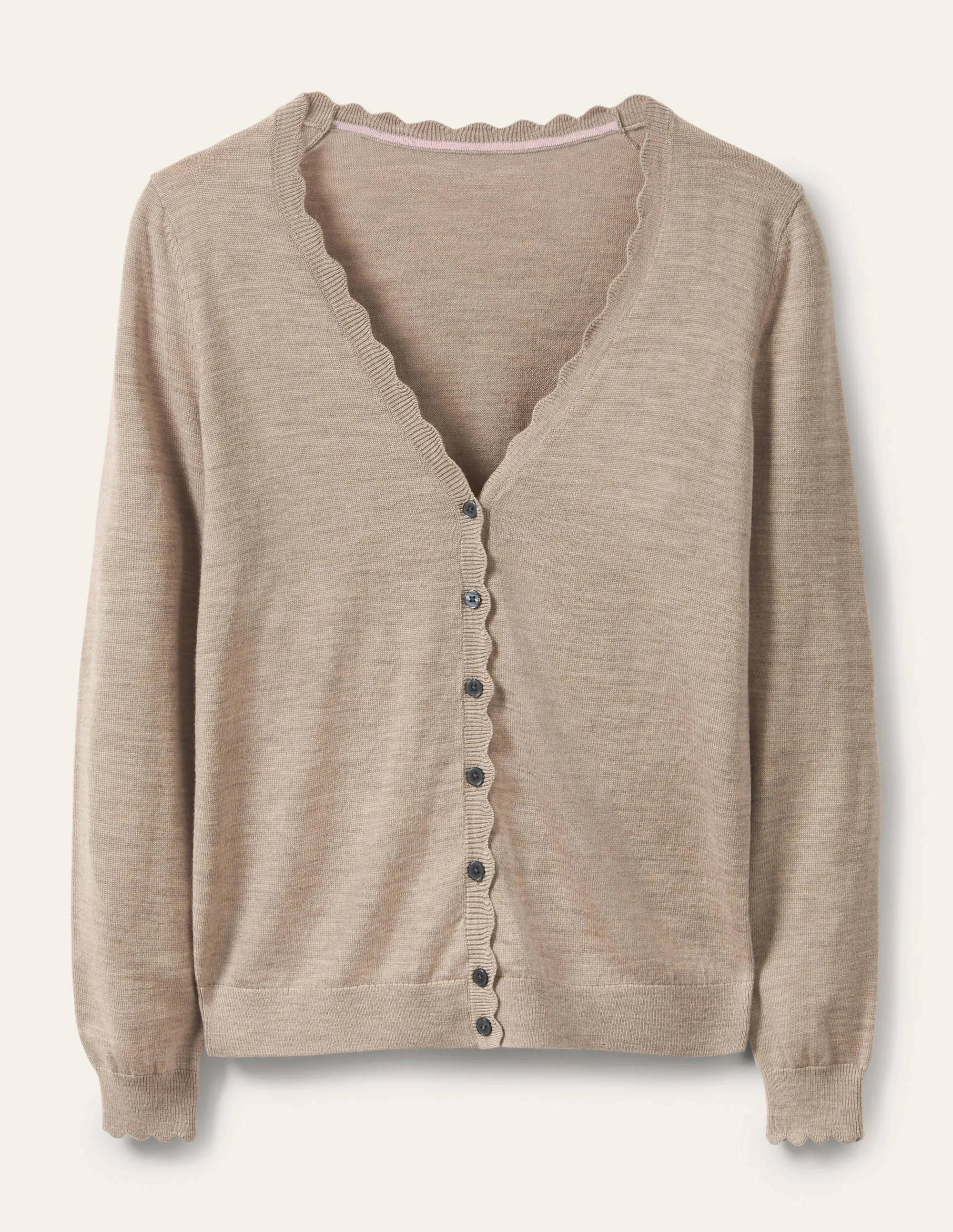 Merino Scallop Trim Cardigan-Mink Melange