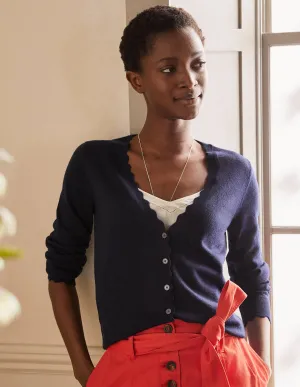 Merino Scallop Trim Cardigan-Navy