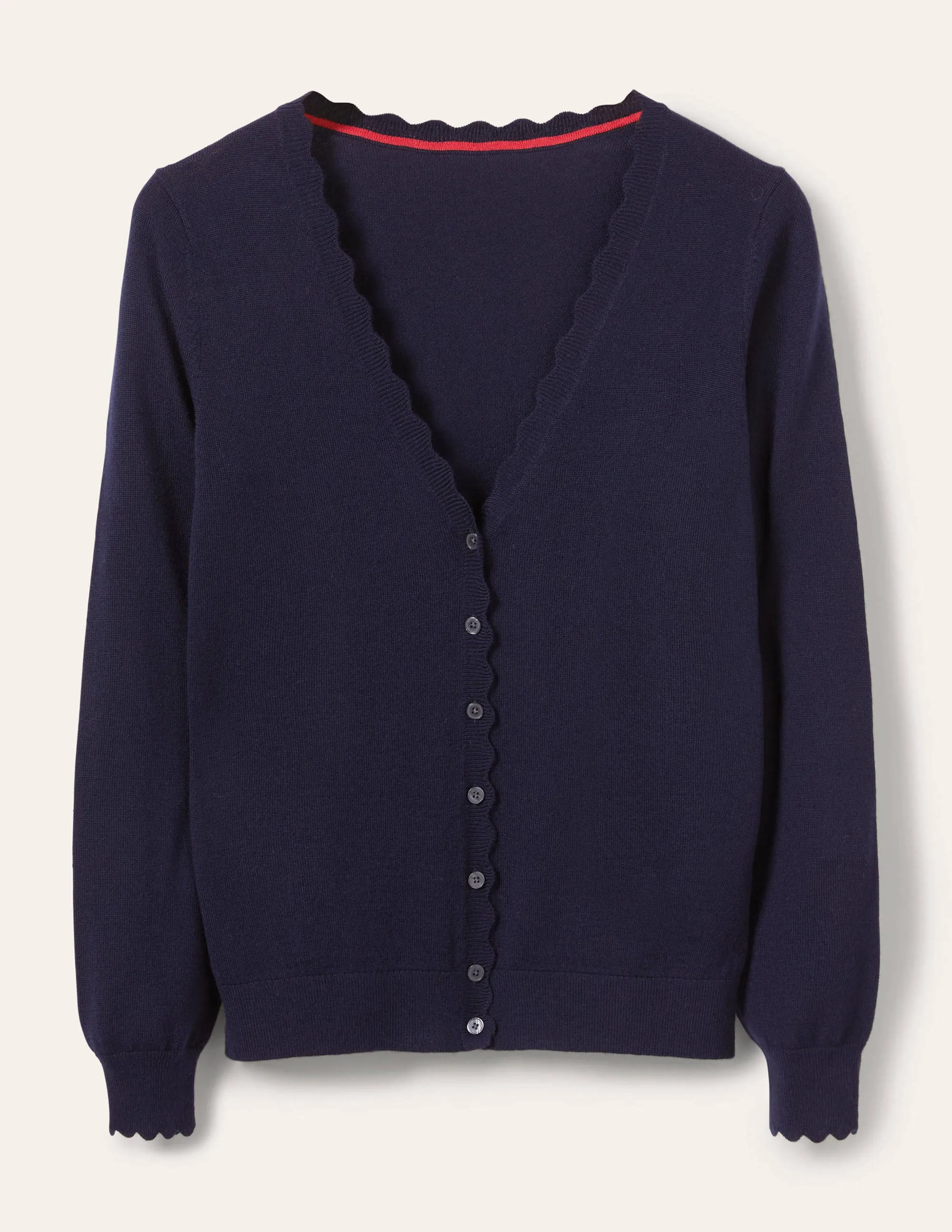 Merino Scallop Trim Cardigan-Navy