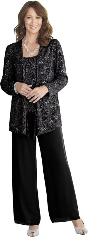 Mother of The Bride Pant Suit for Wedding 3Pcs Lace Evening Outfit with Jacket Long Chiffon Formal Gowns