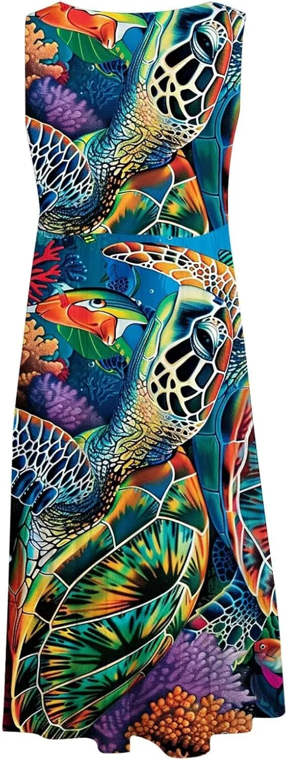 Mzkdieey Women Sea Turtle Print Beach Dresses Summer Casual Tiered Ruffle Hem Mini Dress Sleeveless Baggy Flowy Tank Dress