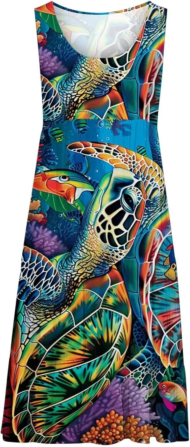 Mzkdieey Women Sea Turtle Print Beach Dresses Summer Casual Tiered Ruffle Hem Mini Dress Sleeveless Baggy Flowy Tank Dress