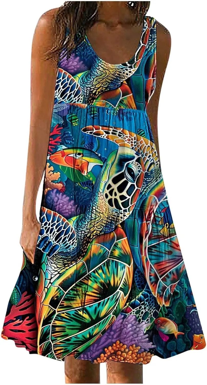 Mzkdieey Women Sea Turtle Print Beach Dresses Summer Casual Tiered Ruffle Hem Mini Dress Sleeveless Baggy Flowy Tank Dress