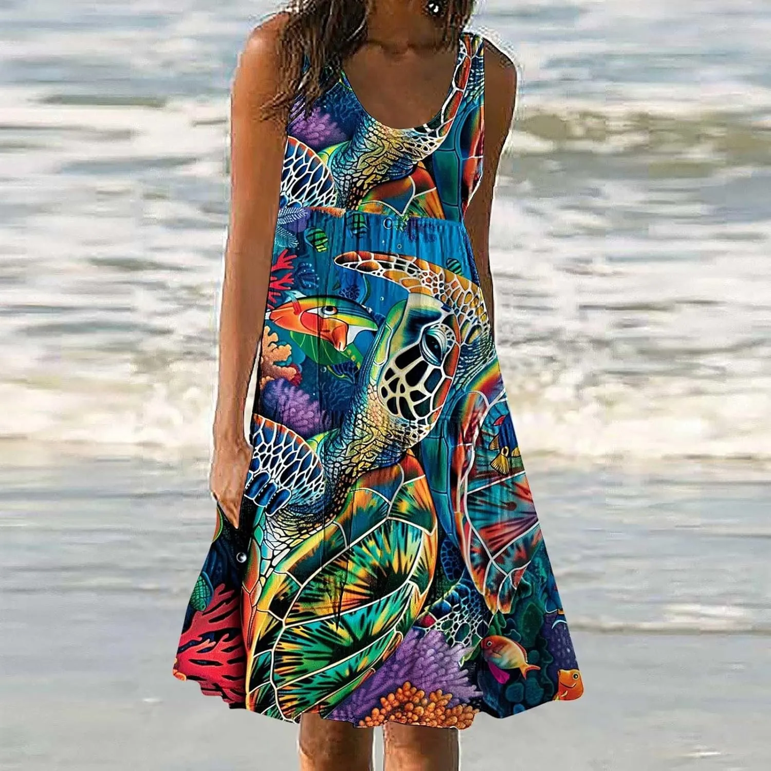 Mzkdieey Women Sea Turtle Print Beach Dresses Summer Casual Tiered Ruffle Hem Mini Dress Sleeveless Baggy Flowy Tank Dress