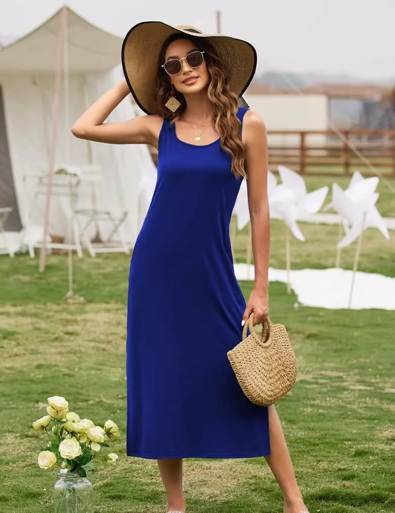 Naggoo Women's Sleevelee Tank Dress Midi Summer Casual Scoop Neck Basic Split Maxi Tshirt Sundresses with Pockets