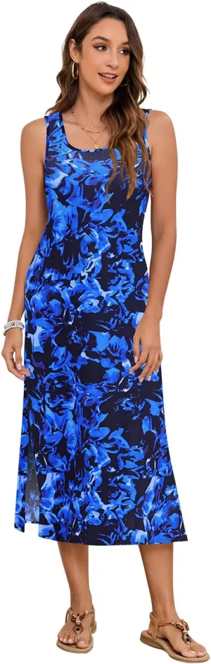 Naggoo Women's Sleevelee Tank Dress Midi Summer Casual Scoop Neck Basic Split Maxi Tshirt Sundresses with Pockets