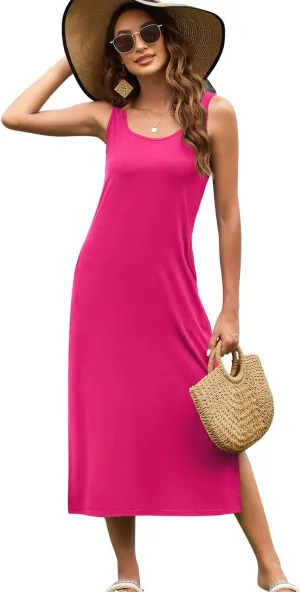 Naggoo Women's Sleevelee Tank Dress Midi Summer Casual Scoop Neck Basic Split Maxi Tshirt Sundresses with Pockets