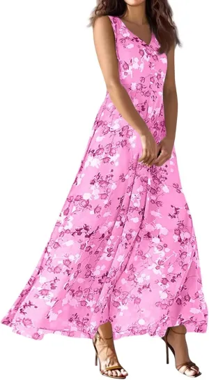 NBXNZWF Summer Dresses for Women 2025 Sleeveless Floral Print V Neck Sundresses Swing Flowy Beach Wedding Guest Maxi Dresses