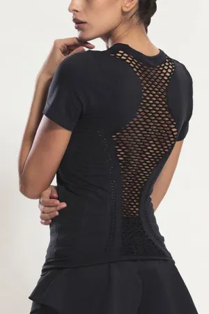 OEM ODM Crew Neck Sheer Hollow Short Sleeve Black T-Shirts