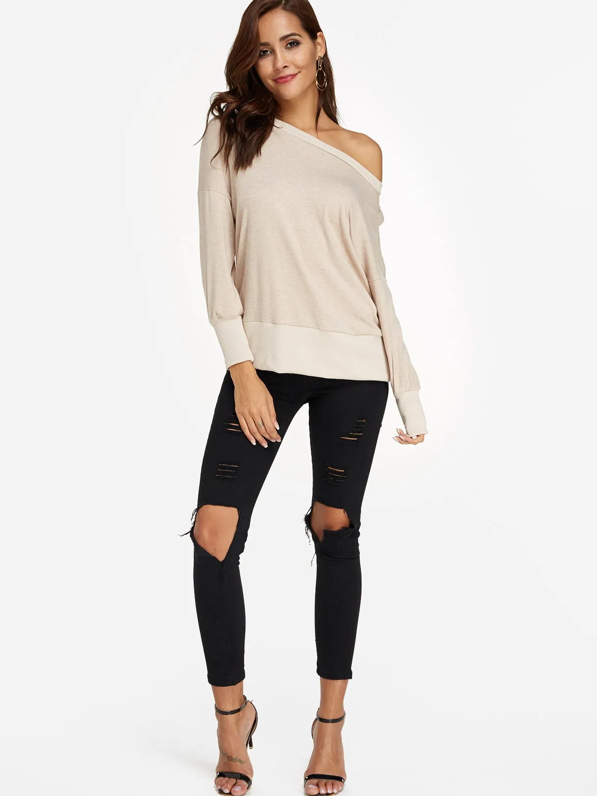 OEM ODM Round Neck One Shoulder Long Sleeve Beige T-Shirts