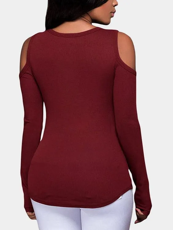 OEM ODM V-Neck Cold Shoulder Plain Lace-Up Cut Out Long Sleeve Curved Hem Burgundy T-Shirts