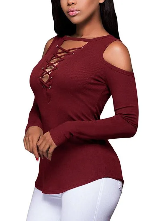 OEM ODM V-Neck Cold Shoulder Plain Lace-Up Cut Out Long Sleeve Curved Hem Burgundy T-Shirts
