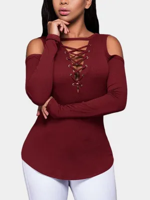 OEM ODM V-Neck Cold Shoulder Plain Lace-Up Cut Out Long Sleeve Curved Hem Burgundy T-Shirts