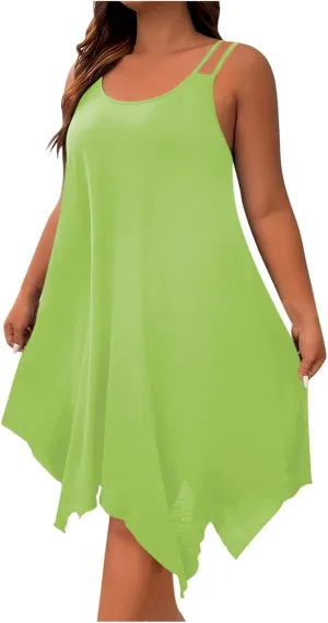 Plus Size Dresses for Curvy Women Summer Scoop Neck Sleeveless Asymmetrical Hem Sundress Flowy Midi Cami Dress