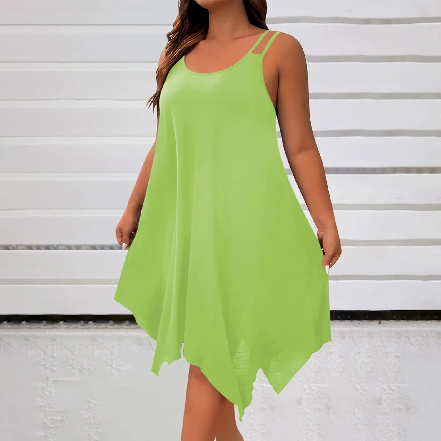 Plus Size Dresses for Curvy Women Summer Scoop Neck Sleeveless Asymmetrical Hem Sundress Flowy Midi Cami Dress