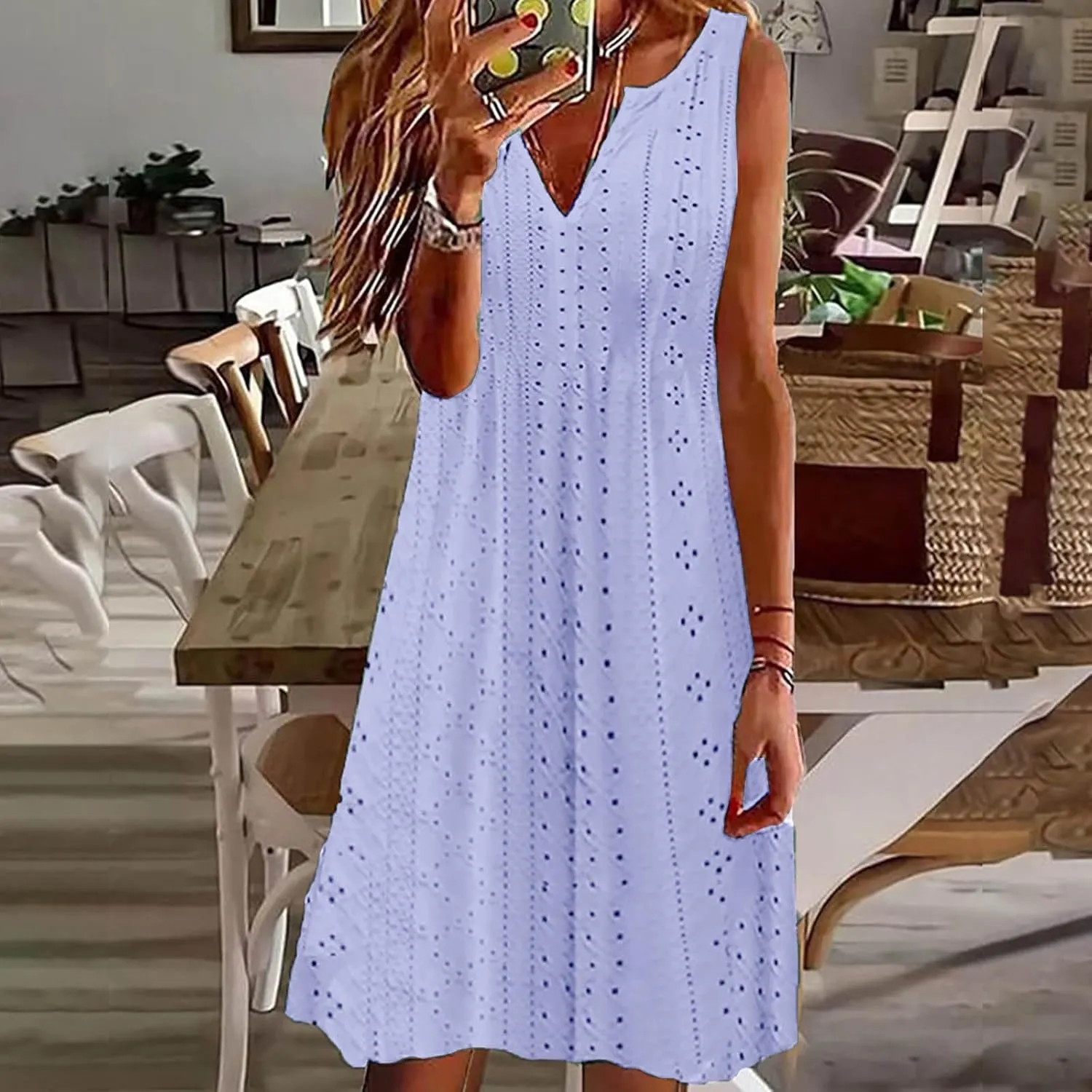Plus Size Eyelet Dresses for Women Casual Loose Fit Summer Sleeveless v Neck Pleated Flowy Summer Midi Dress