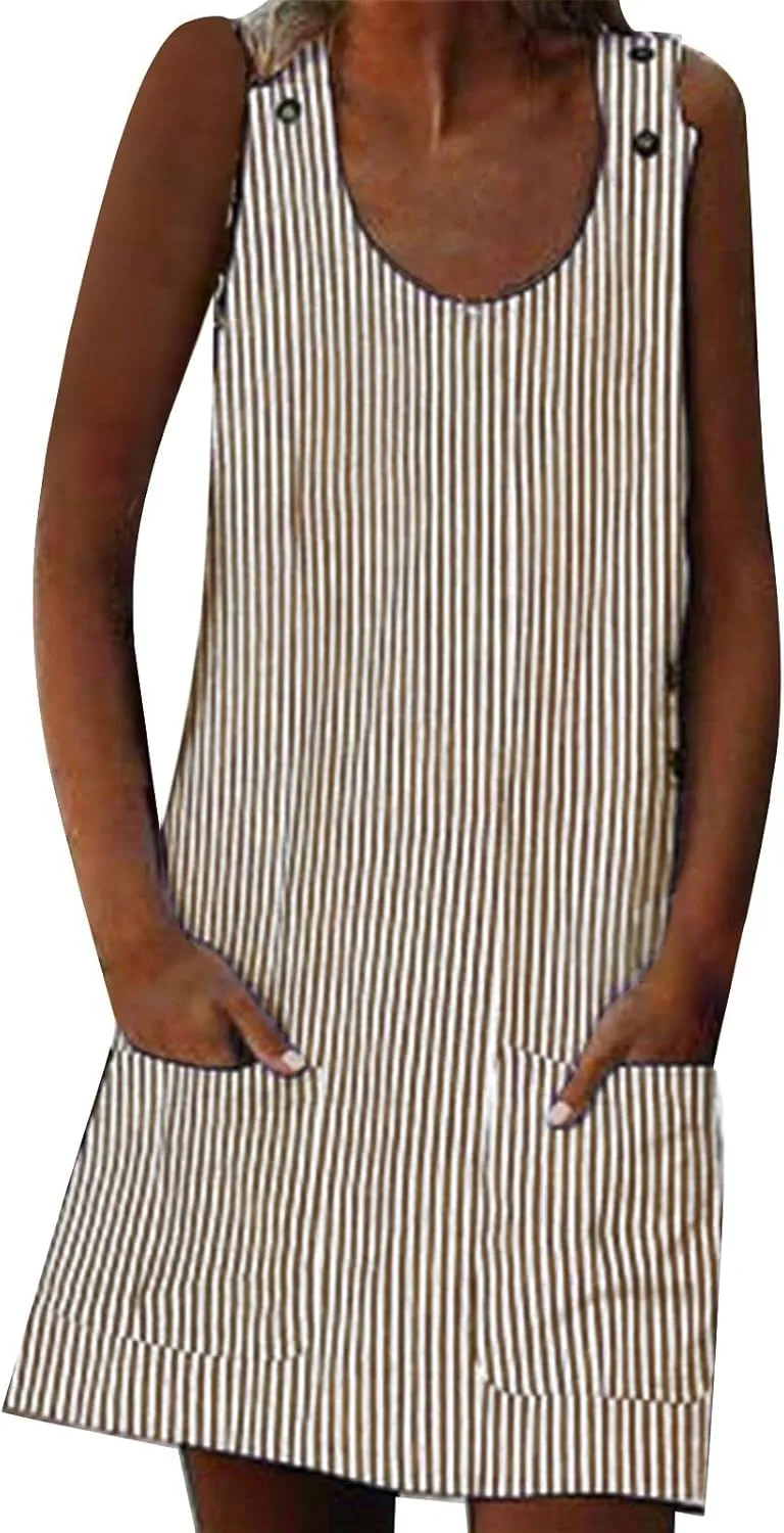 Plus Size Summer Dresses for Women 2024 Casual Striped Sleeveless Sundresses with Pockets Loose A Line Mini Dress