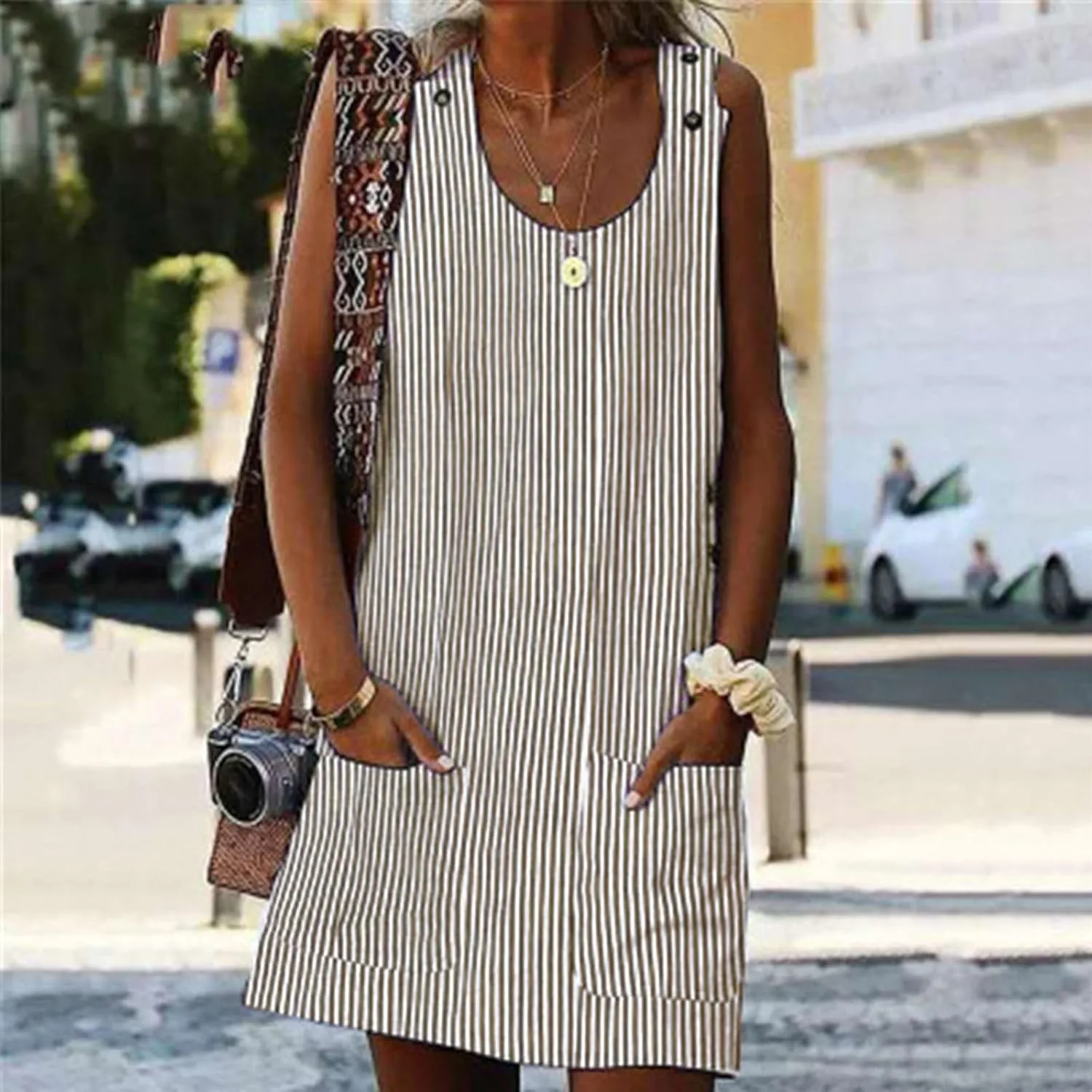 Plus Size Summer Dresses for Women 2024 Casual Striped Sleeveless Sundresses with Pockets Loose A Line Mini Dress