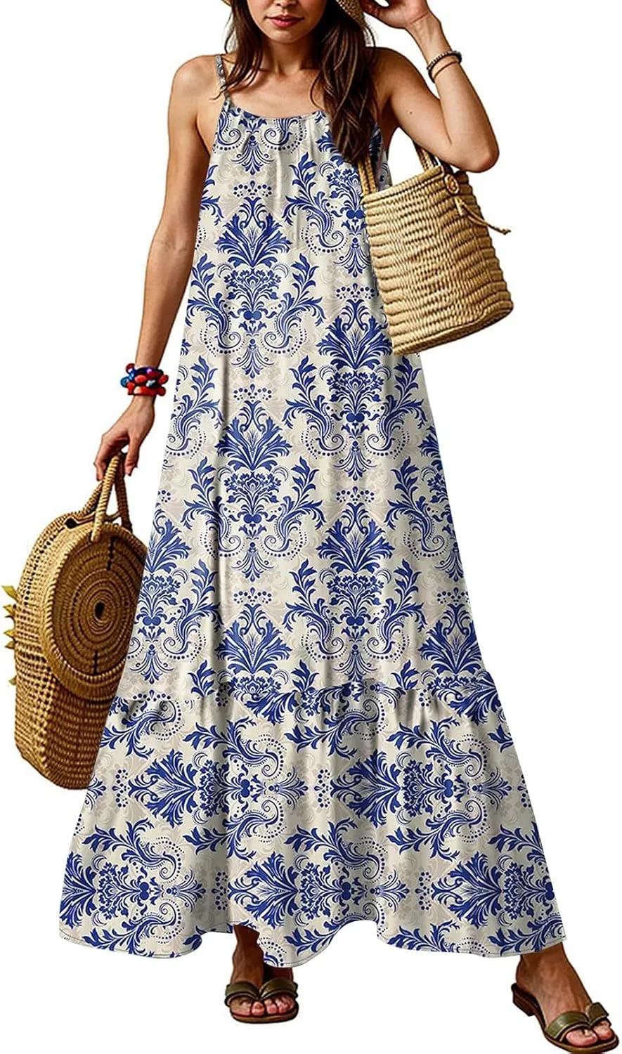 Plus Size Summer Dresses for Women Spaghetti Strap Sleeveless Maxi Dress Floor Length Bohemian Casual Formal Dress