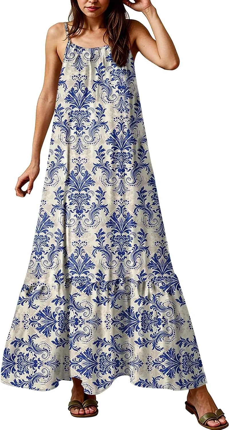 Plus Size Summer Dresses for Women Spaghetti Strap Sleeveless Maxi Dress Floor Length Bohemian Casual Formal Dress