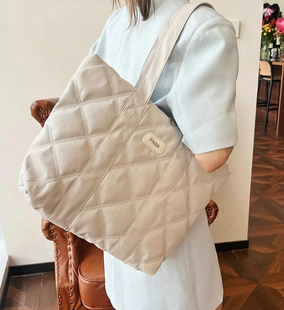 Puffer Tote Bag for Women Trendy Nylon Shoulder Bag Quilted Hobo Bag Slouchy Top Handle Handbag Purse