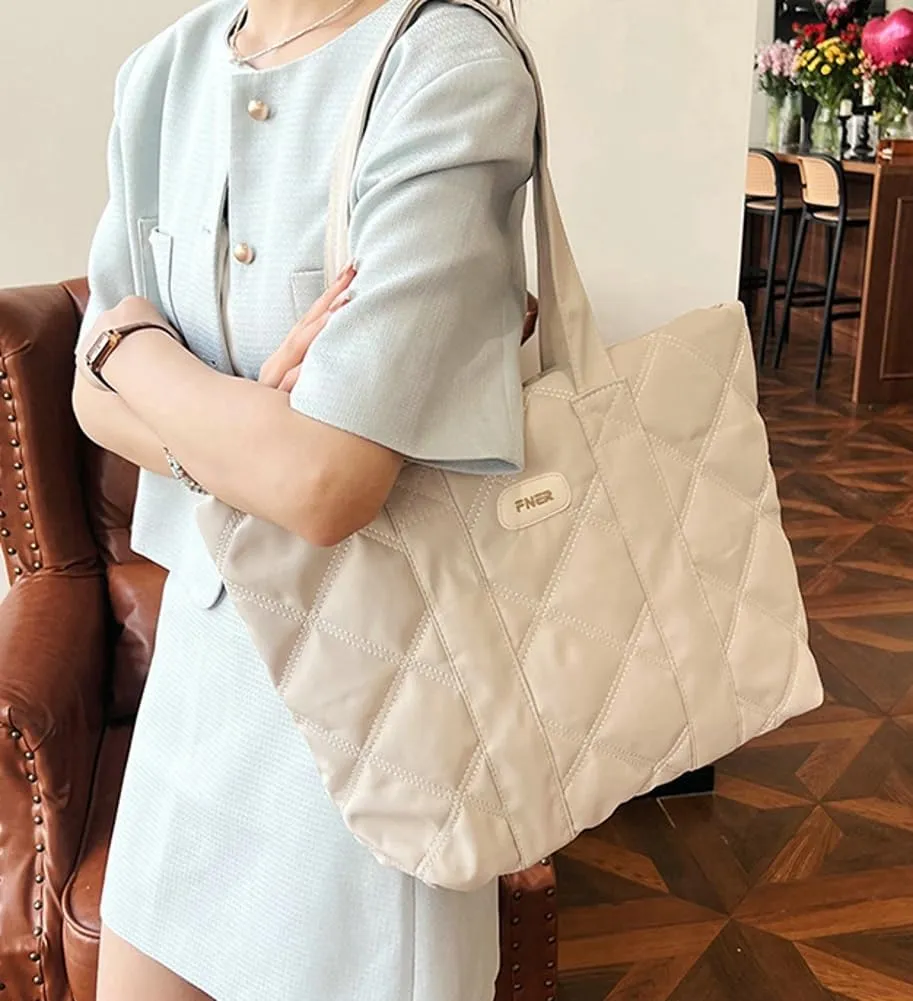 Puffer Tote Bag for Women Trendy Nylon Shoulder Bag Quilted Hobo Bag Slouchy Top Handle Handbag Purse
