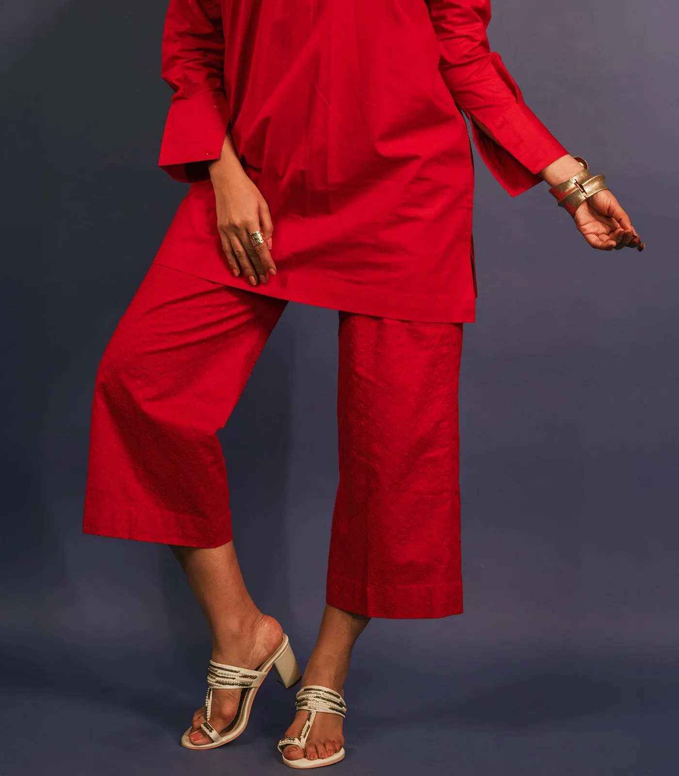 RED LAWN SHORT KURTA AND CHIKANKARI PANTS