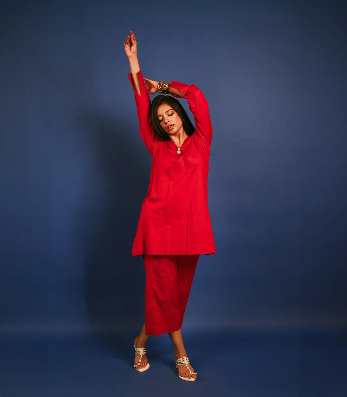 RED LAWN SHORT KURTA AND CHIKANKARI PANTS