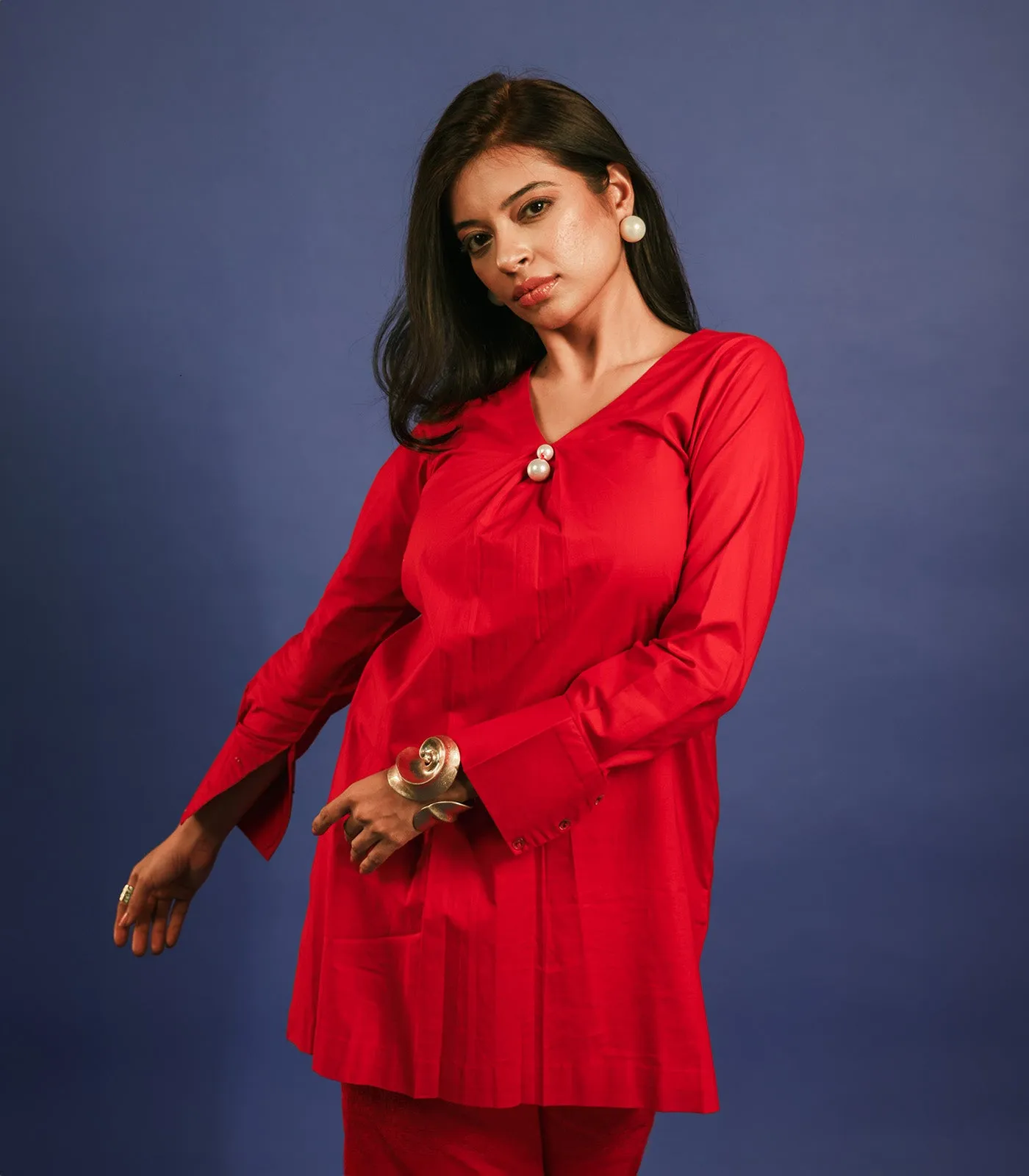 RED LAWN SHORT KURTA AND CHIKANKARI PANTS