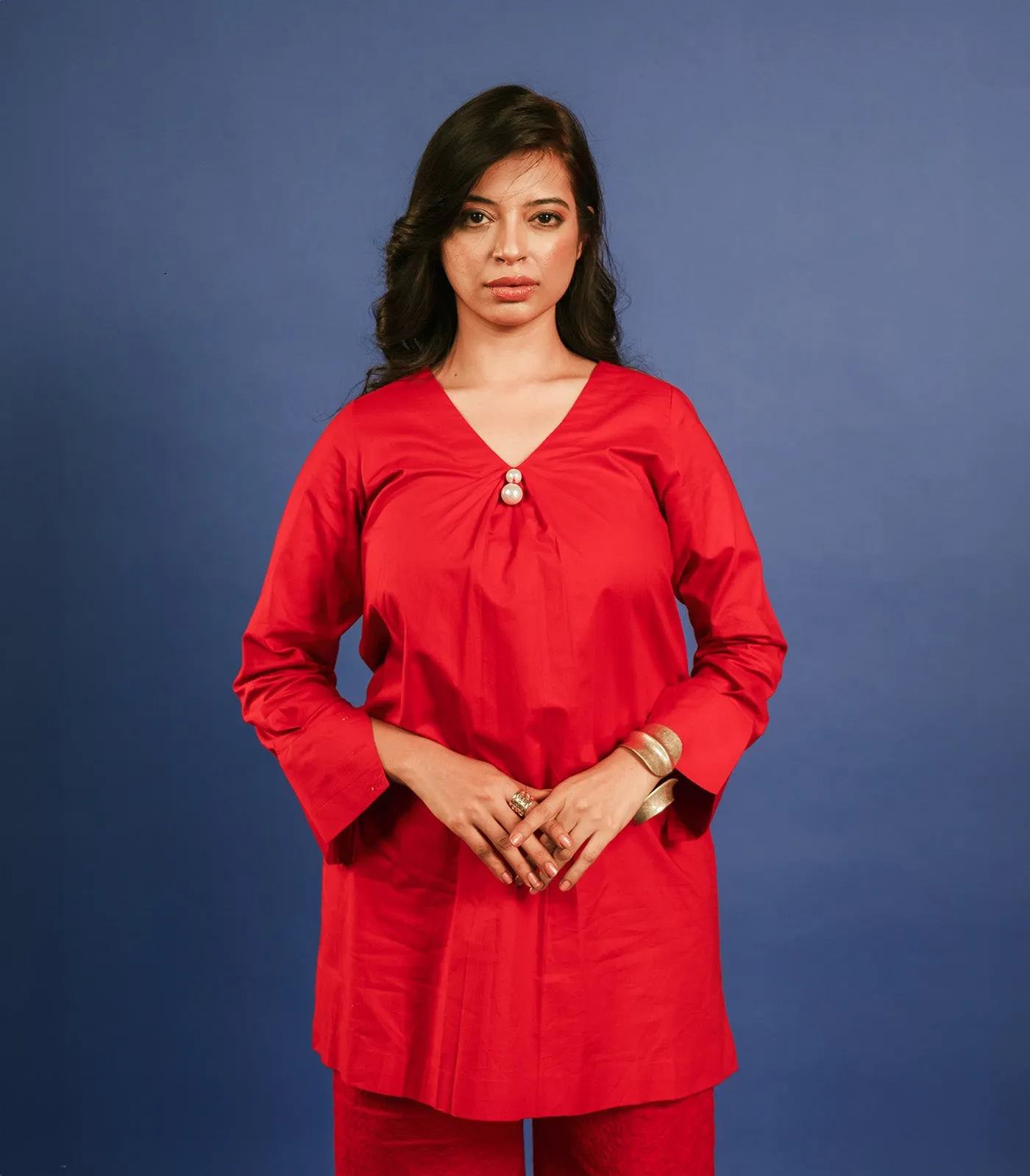 RED LAWN SHORT KURTA AND CHIKANKARI PANTS