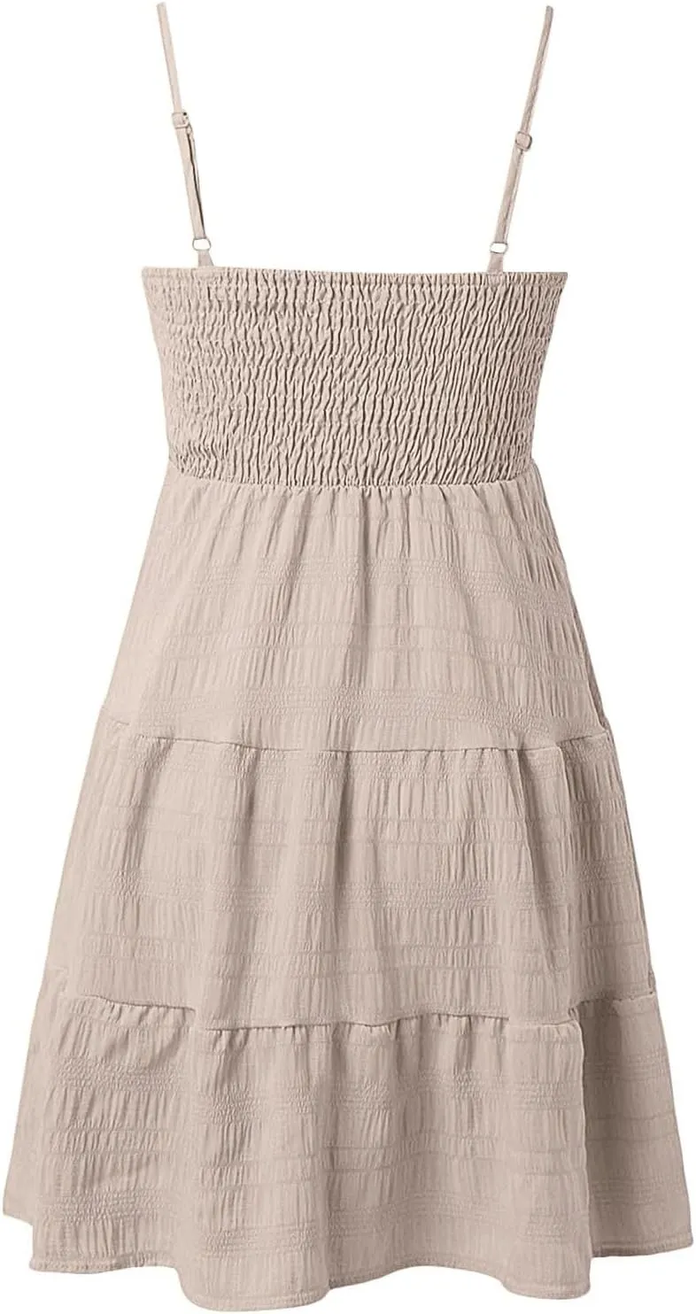Resort Wear for Women 2025 Beach Vacation Spaghetti Strap Solid Elastic Waist Smocked Ruffle Hem Swing Dress, S-2Xl