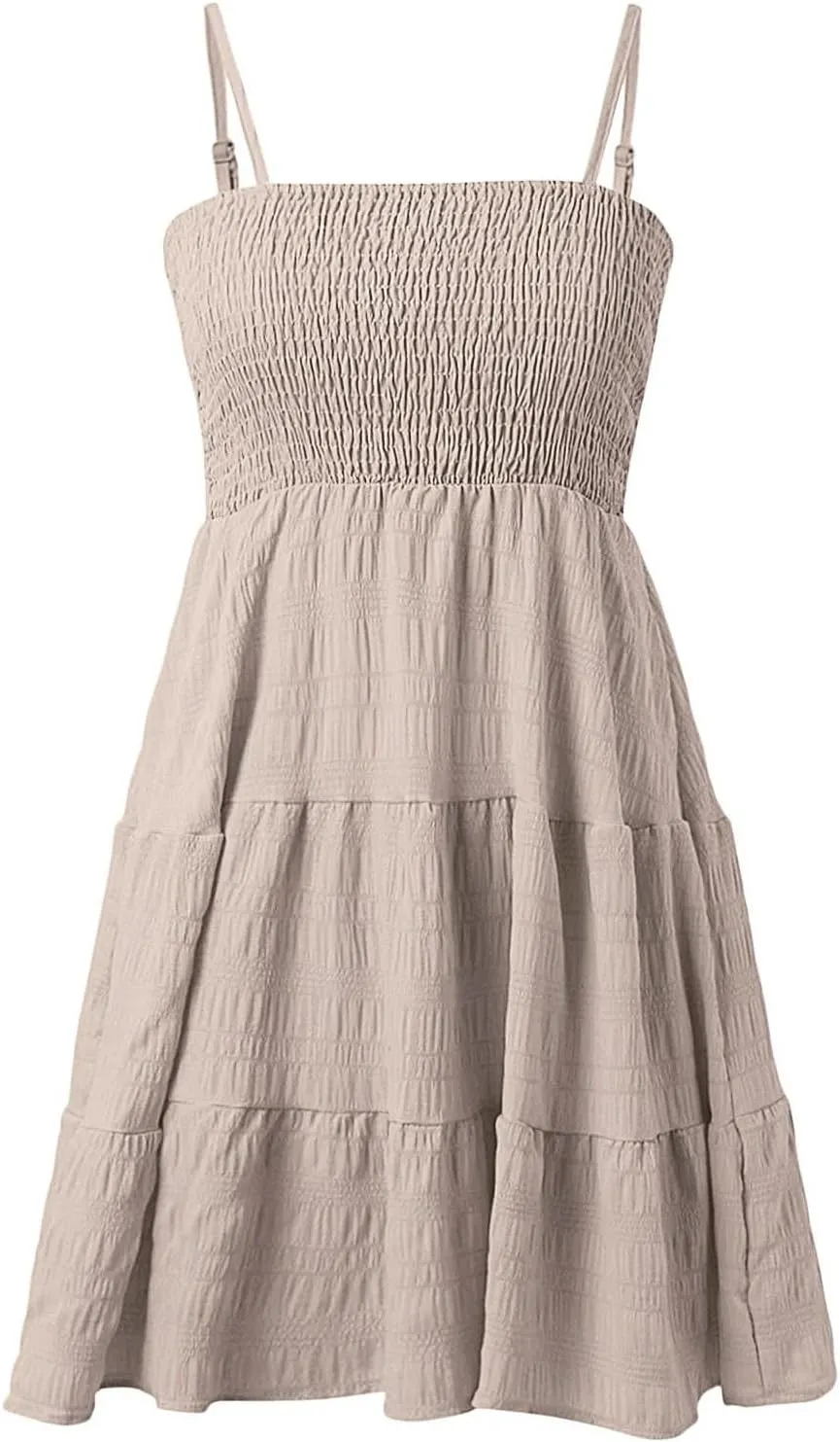 Resort Wear for Women 2025 Beach Vacation Spaghetti Strap Solid Elastic Waist Smocked Ruffle Hem Swing Dress, S-2Xl