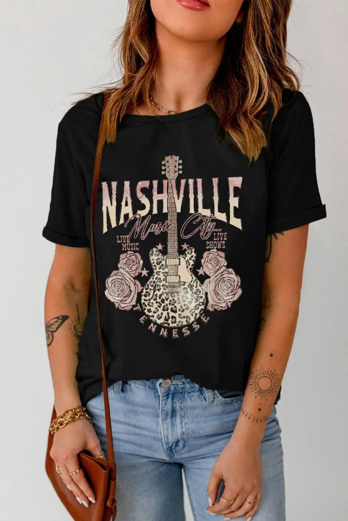 Rock your style with Leopard Guitar Print Tee for Women