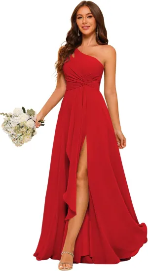 RSOETOO Chiffon One Shoulder Bridesmaid Dresses with Slit A-Line Long Formal Party Dress with Pockets RO022