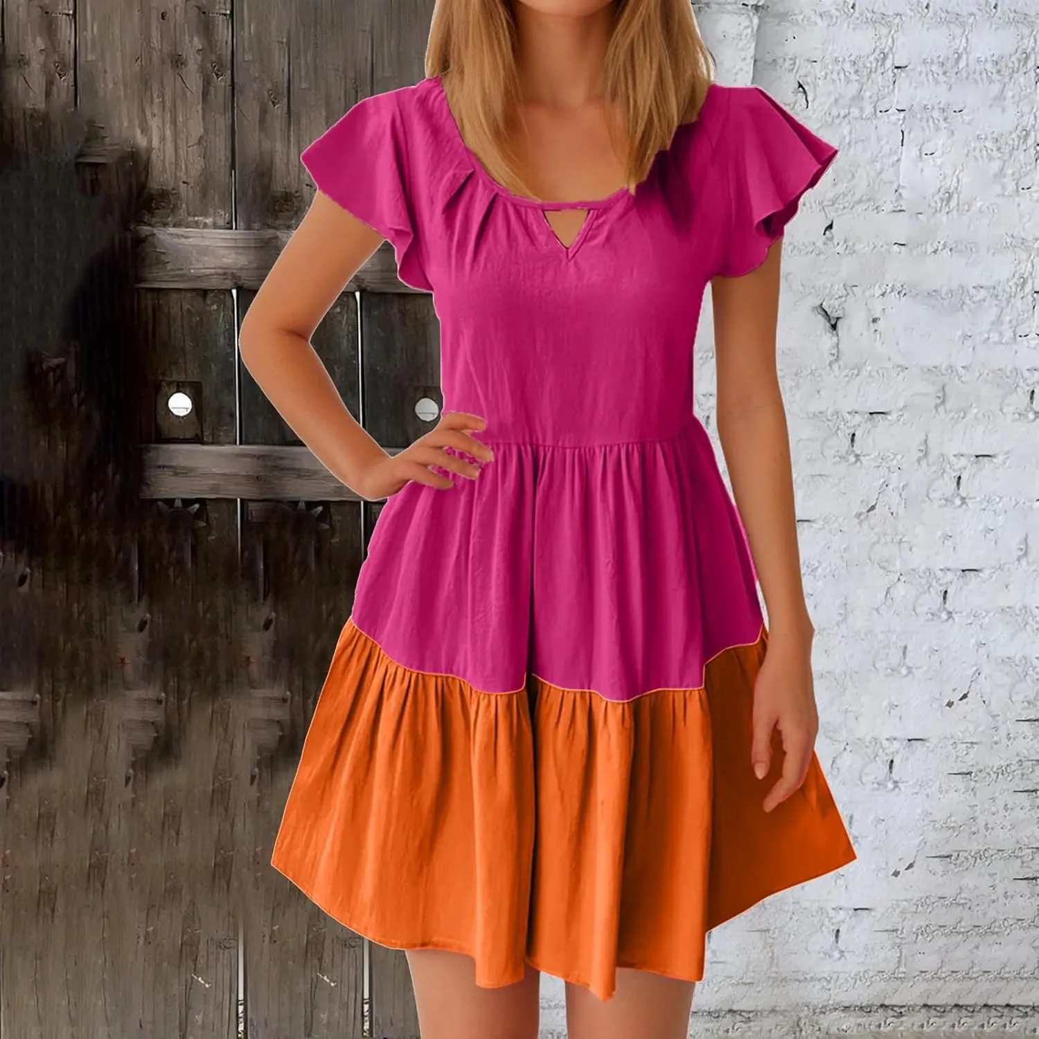 Ruffle Mini Dress for Women 2025 Summer Keyhole Sleeve A Line Dress Colorblock Pleated Beach Vacation Sundress