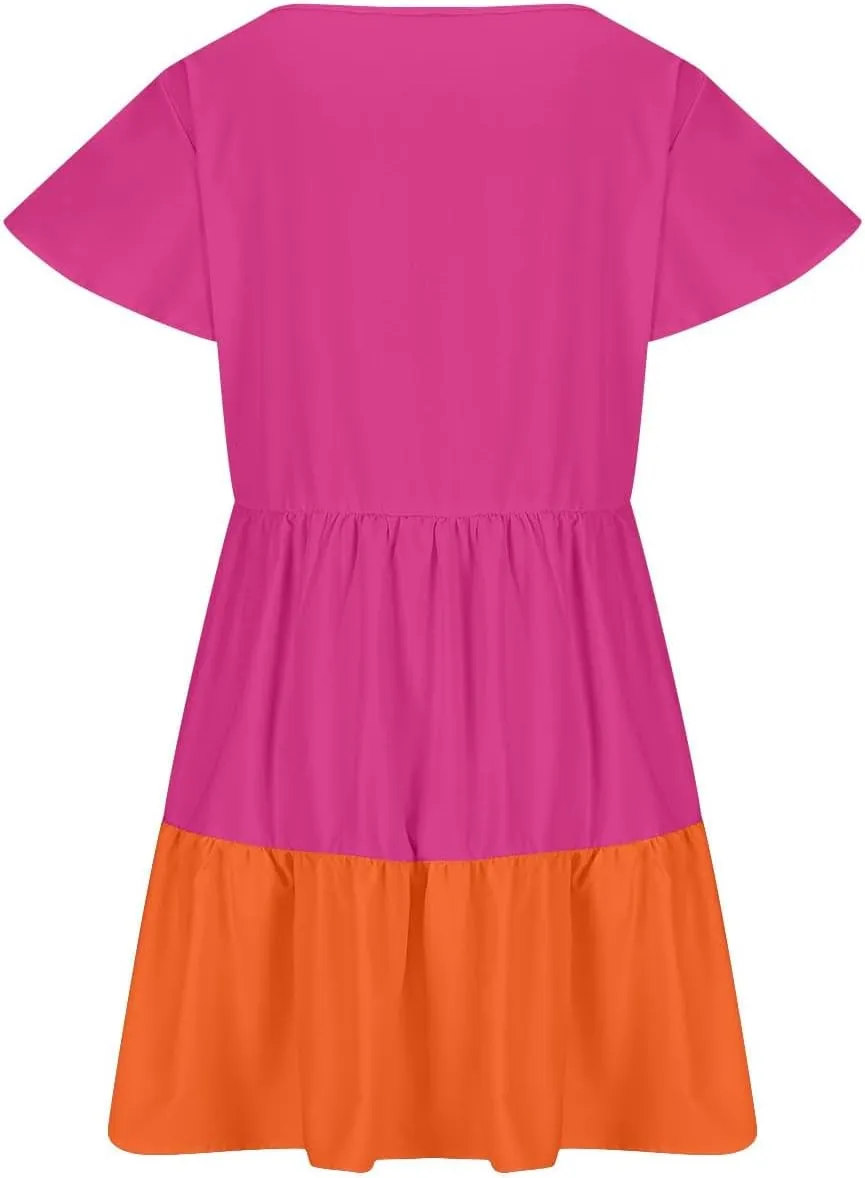Ruffle Mini Dress for Women 2025 Summer Keyhole Sleeve A Line Dress Colorblock Pleated Beach Vacation Sundress