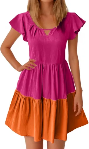 Ruffle Mini Dress for Women 2025 Summer Keyhole Sleeve A Line Dress Colorblock Pleated Beach Vacation Sundress