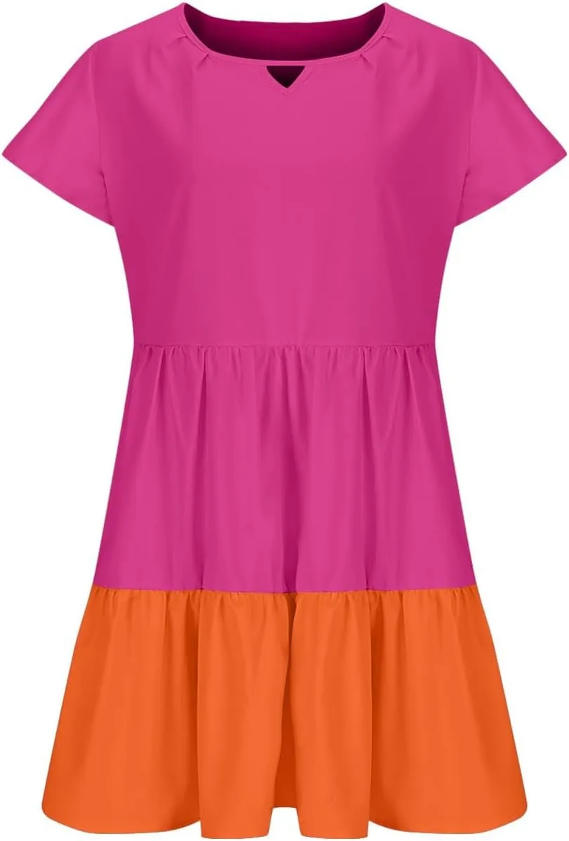 Ruffle Mini Dress for Women 2025 Summer Keyhole Sleeve A Line Dress Colorblock Pleated Beach Vacation Sundress