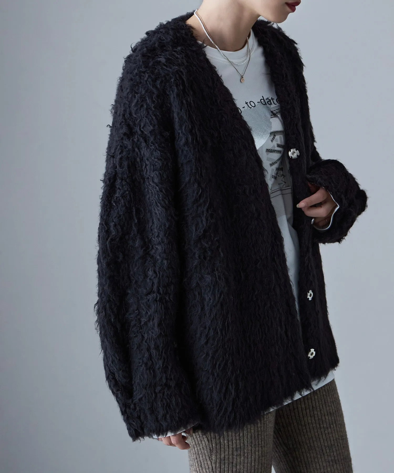 Shaggy knit v-neck cardigan