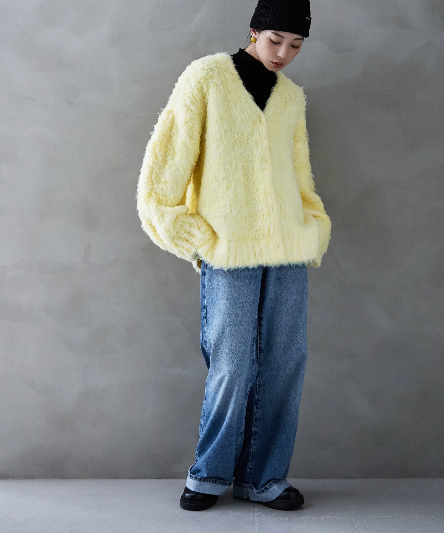 Shaggy knit v-neck cardigan