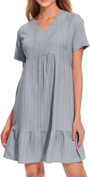 Short Dresses for Women Casual Summer Mini Dress V Neck Short Sleeve T Shirt Dress Tiered A Line Flowy Beach Sundress