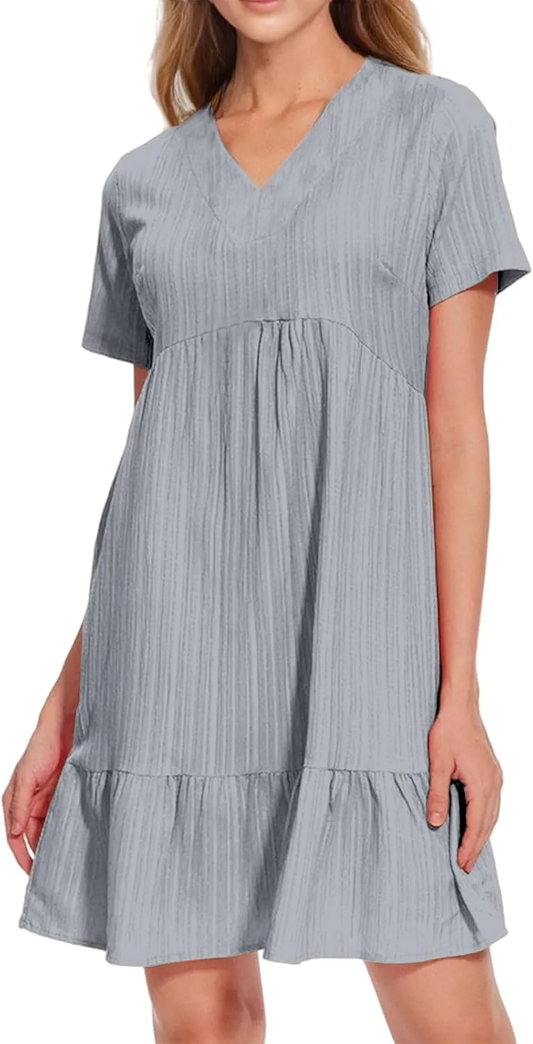 Short Dresses for Women Casual Summer Mini Dress V Neck Short Sleeve T Shirt Dress Tiered A Line Flowy Beach Sundress