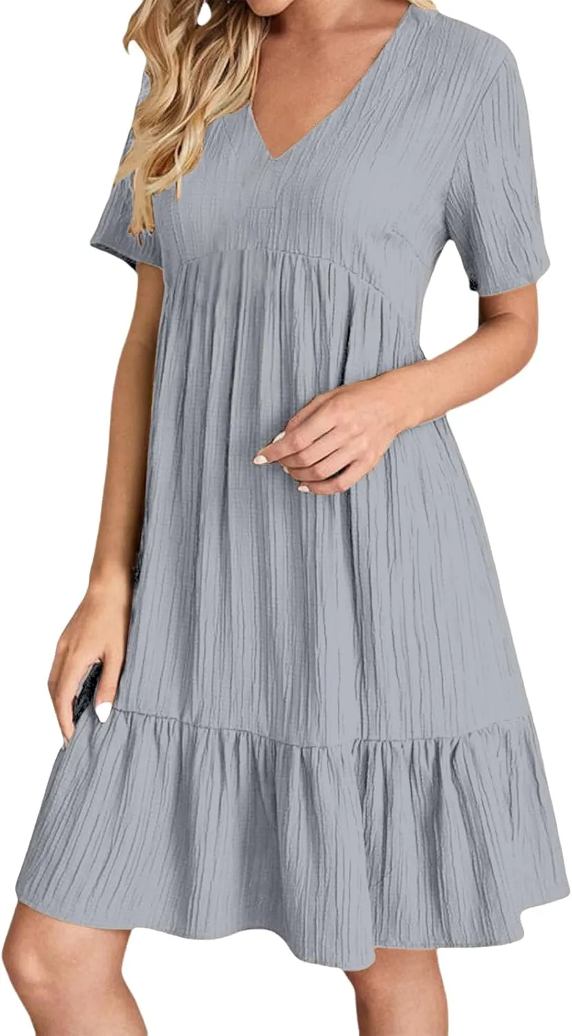 Short Dresses for Women Casual Summer Mini Dress V Neck Short Sleeve T Shirt Dress Tiered A Line Flowy Beach Sundress