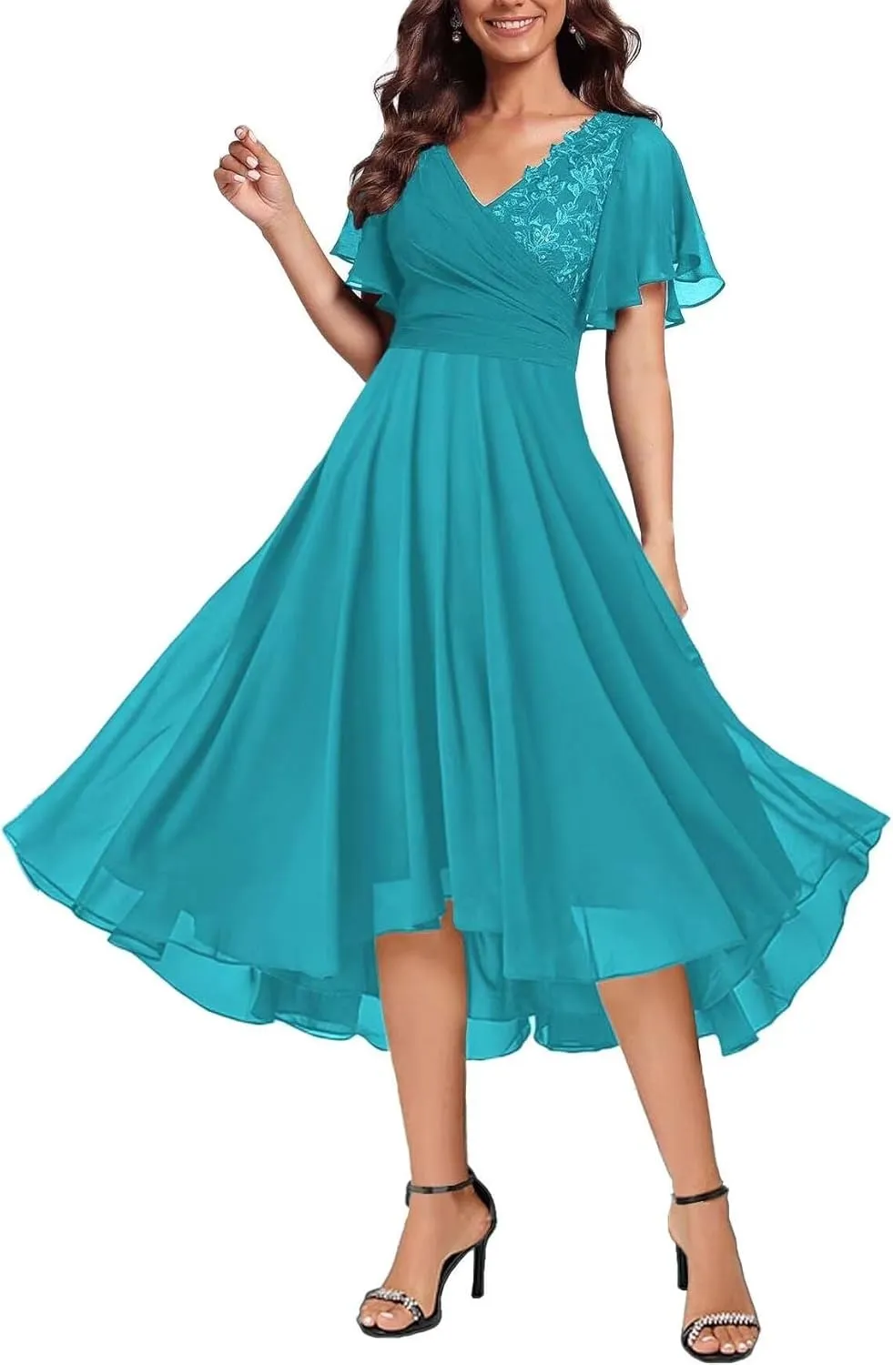 Short Sleeve Mother of The Bride Dresses Tea Length Chiffon V Neck Wedding Guest Formal Gowns for Women