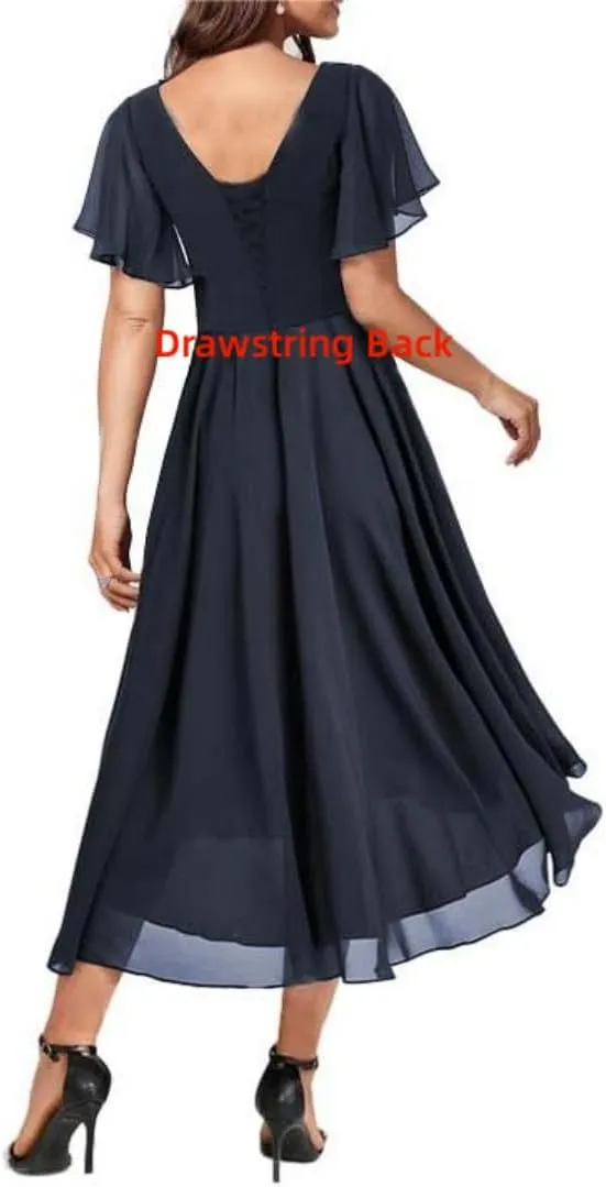 Short Sleeve Mother of The Bride Dresses Tea Length Chiffon V Neck Wedding Guest Formal Gowns for Women
