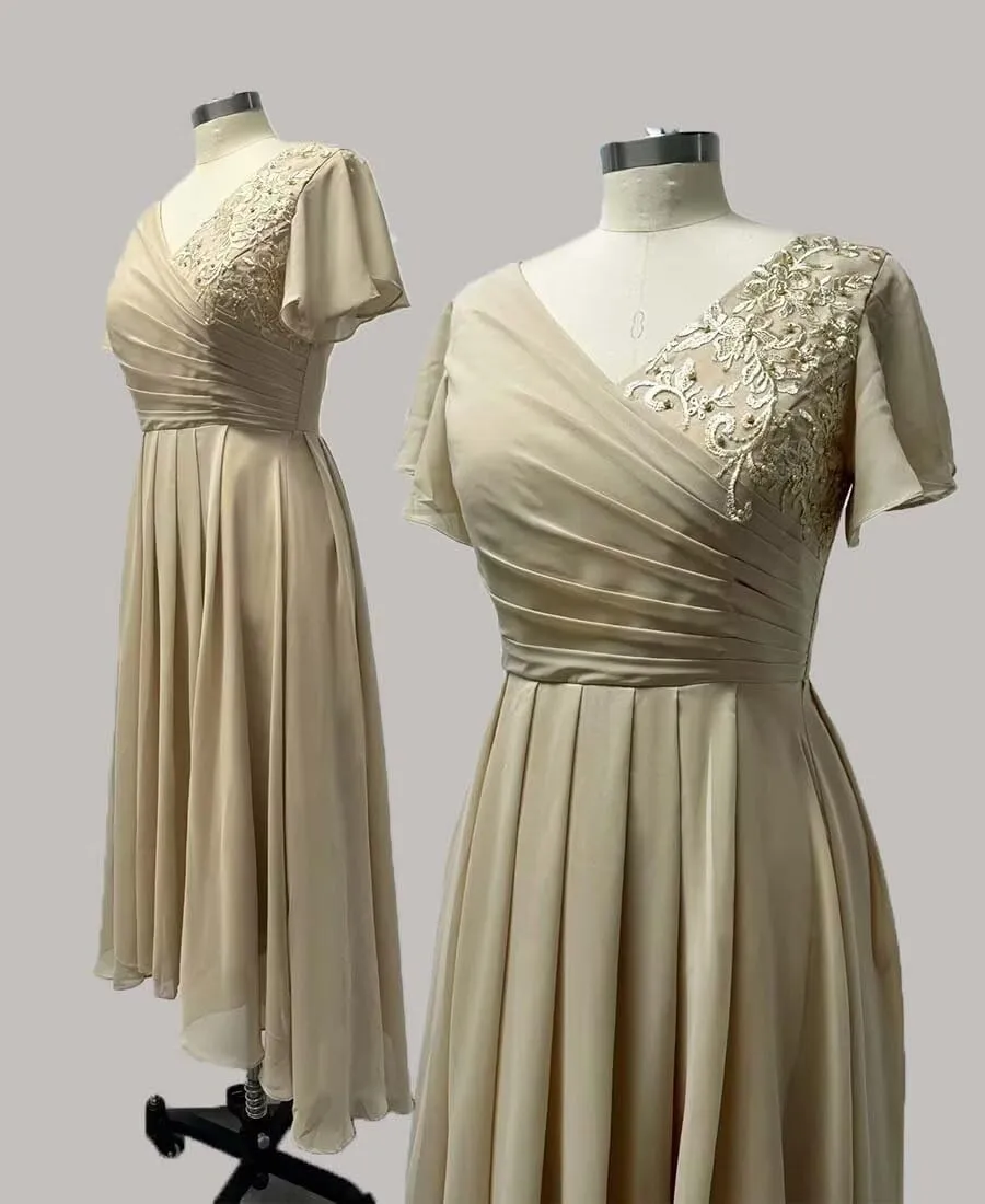 Short Sleeve Mother of The Bride Dresses Tea Length Chiffon V Neck Wedding Guest Formal Gowns for Women