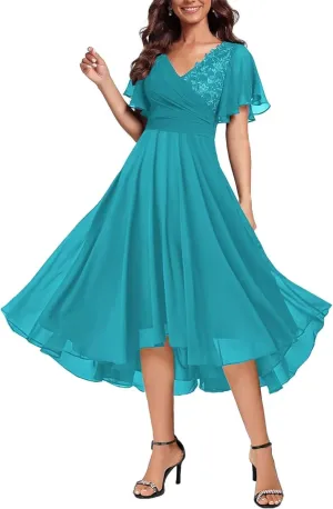 Short Sleeve Mother of The Bride Dresses Tea Length Chiffon V Neck Wedding Guest Formal Gowns for Women